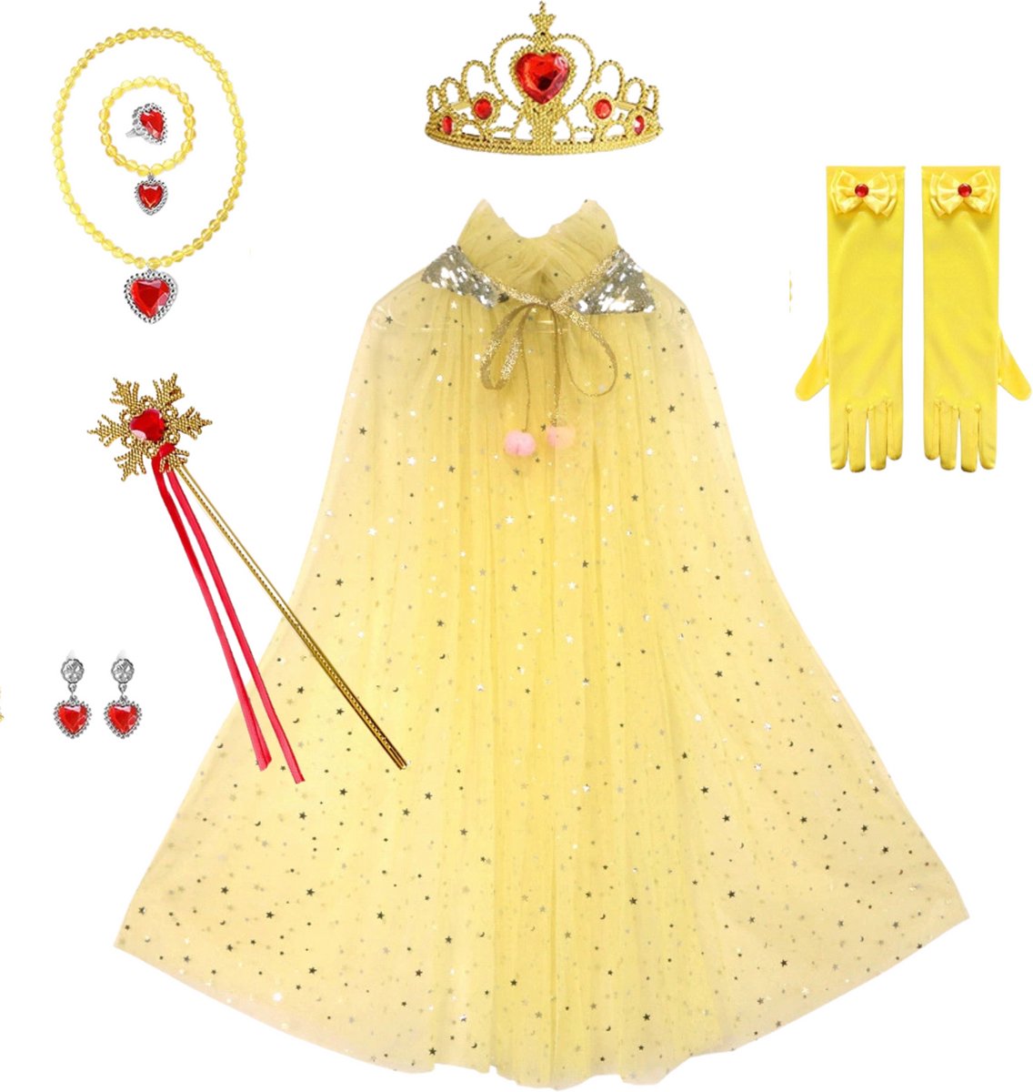 Joya Kids® Verkleedcape met Accessoires Licht Geel | Prinsessencape | Cape Set | Unicorn | Meisje Verkleedset | Carnvalskleding Meisjes | Met Kroon, Staf, Handschoenen en Sieradenset